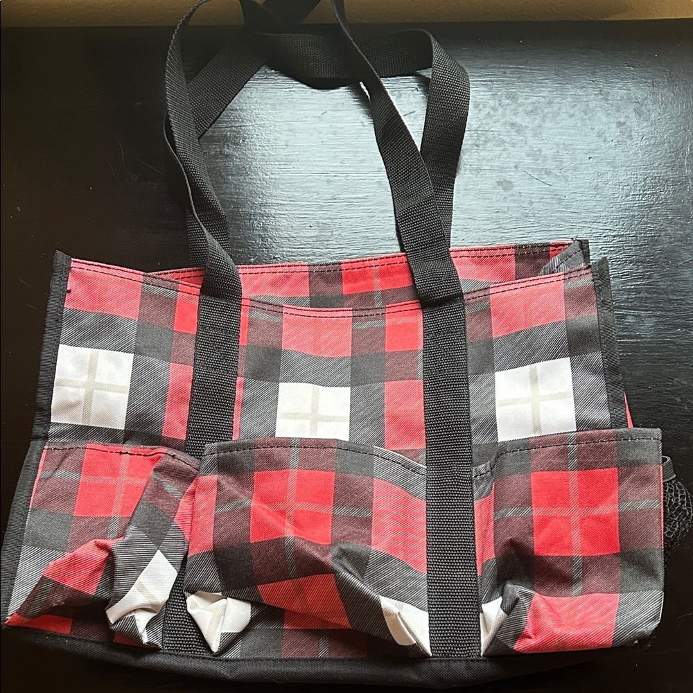 Thirty-One Plaid Zip-Top Utility Bag - Red, Black, and White